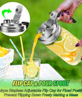 Stainless Steel Pour Spout Lid With Handle For Wide Mouth Jars, Spillproof Flip Cap pouring lemonade into a glass