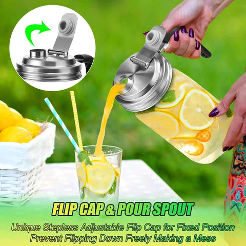 Stainless Steel Pour Spout Lid With Handle For Wide Mouth Jars, Spillproof Flip Cap pouring lemonade into a glass