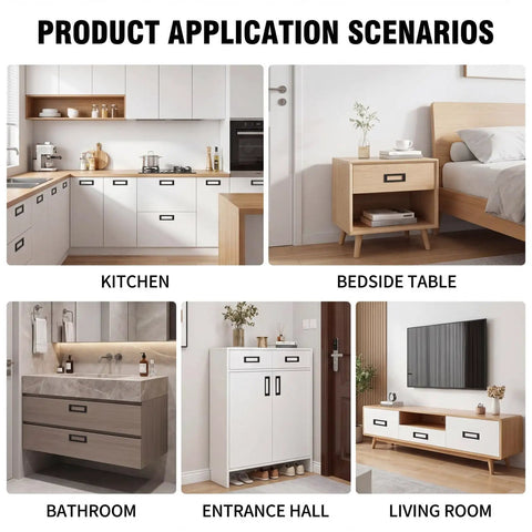 Product application scenarios showing slick low profile cabinet pulls for cabinets, drawers, and cupboards in various rooms.