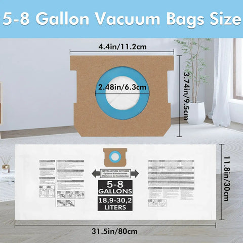 15 Pack Vacuum Bags For 5 To 8 Gallon Vacuums Type E 90661 9066133 Type H 90671 9067133 Type U 90304 size dimensions