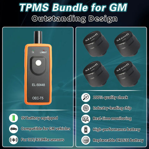 DIY Ready TPMS Sensor Kit For GM Vehicles After 2006 Plug And Play For Chevy Silverado Buick Cadillac GMC Pontiac Four Pack Replacement Universal Fit Easy Install No Relearn Reliable Tire Pressure Monitoring, EL-50448 tool and 4 sensors