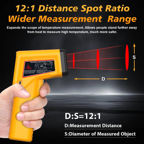 Rechargeable Infrared Thermometer Gun With Non Contact Laser Targeting showing 12:1 distance spot ratio and laser projection