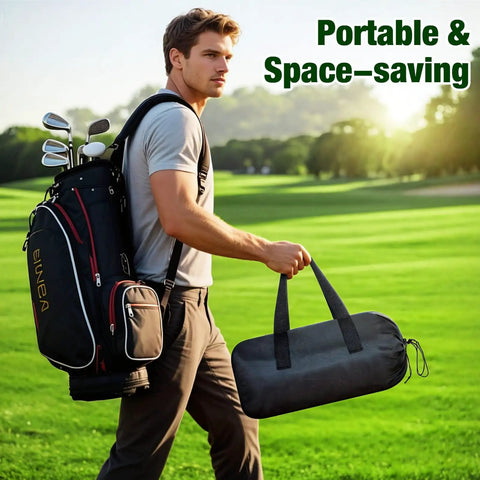 Man carrying All In One Golf Practice Net With Target Mat For Indoor And Outdoor Backyard Swing Training kit on a golf course.