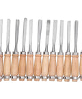 Knockout 12 Piece Wood Turning Chisels Set with 8-inch high-speed steel blades and wooden handles for precise wood carving.