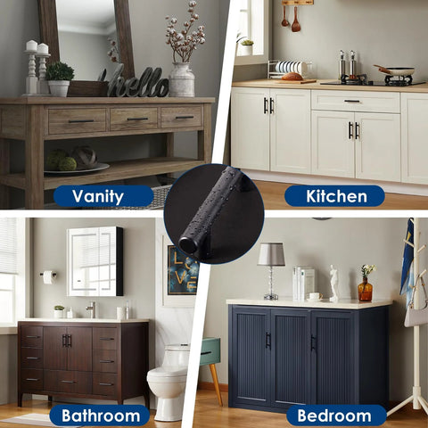 Home interior collage featuring vanity, kitchen, bathroom, and bedroom with Matte Black 3 Inch Center To Center Cabinet Pulls Set Of 30 Stainless Steel Kitchen Handles.