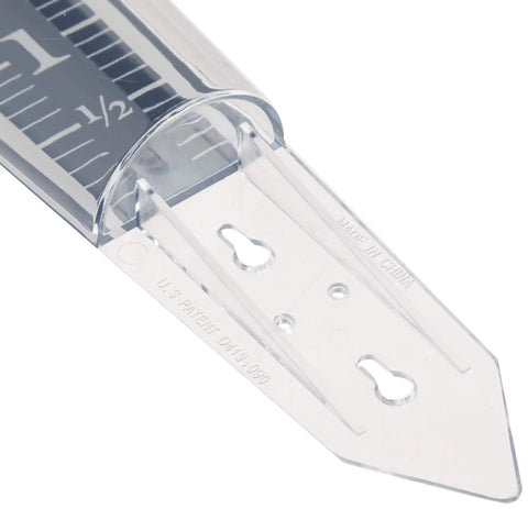 Close-up of 5 Inch Capacity Magnifying Rain Gauge with easy to read white numbers and acrylic weather-resistant build.