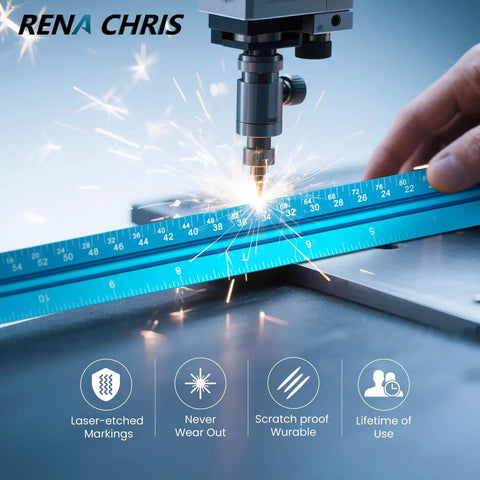 Close-up of laser-etching on a 12 Inch Triangular Architect Scale Ruler for Drafting and Blueprints, aluminum alloy tool.