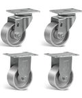 Set of four heavy duty steel casters, two swivel and two rigid, ideal for industrial carts and dollies with 1400 lb capacity.