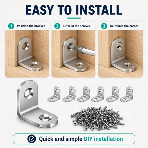 Killer Stainless Steel L Brackets For Shelves With 80 Heavy Duty Screws Slick Hardware Kit For DIY Repair shown in installation steps.