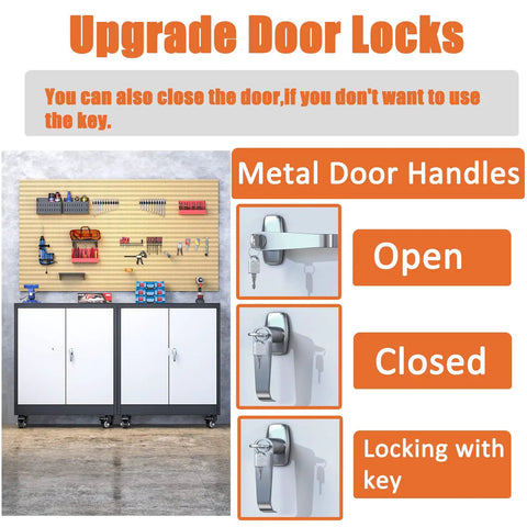Heavy Duty Metal Storage Cabinet On Wheels With Locking Doors And Adjustable Shelves For Garage, Metal Door Handles Display