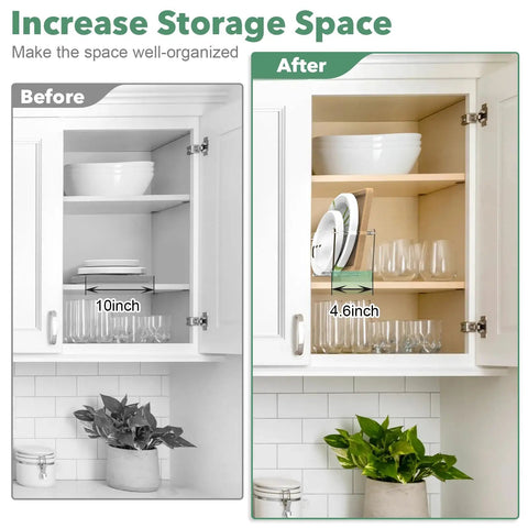 Before and after of cabinet with Space Saving Acrylic Paper Plate Dispenser For 5 To 12 Inch Plates installed.