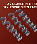 18 Piece Leather Punch Set For DIY Leatherworking With Six Sizes 15mm 20mm 25mm 30mm 35mm 38mm And Round Pointed And Square Heads Pro Grade Alloy Steel Embossing Tools For Beginners And Pros, showing all punches in six sizes across three styles, in metal finish on red background with text 'AVAILABLE IN THREE STYLES/SIX SIZES EACH'.