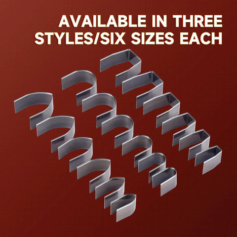18 Piece Leather Punch Set For DIY Leatherworking With Six Sizes 15mm 20mm 25mm 30mm 35mm 38mm And Round Pointed And Square Heads Pro Grade Alloy Steel Embossing Tools For Beginners And Pros, showing all punches in six sizes across three styles, in metal finish on red background with text 'AVAILABLE IN THREE STYLES/SIX SIZES EACH'.