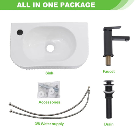 Rectangular Wall Mount Vessel Sink In White Porcelain Ceramic With Faucet And Drain, modern bathroom basin setup components