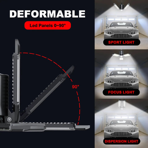 Plug In Garage Light With Motion Sensor 80W 8000LM Deformable LED Shop Light highlighting adjustable panels in garage setup