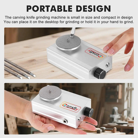 Compact Beast Engraving Knife Sharpening Machine With 4000 RPM Copper Motor shown on tabletop and in hand