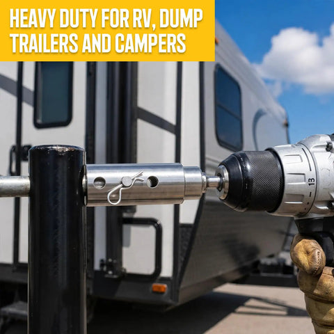 High Performance Trailer Jack Drill Adapter With 1 Inch Drive Shaft And Half Inch Socket Size for RV and dump trailers, showing stainless steel tool.