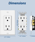 Heavy Duty 12 Pack Standard Decorator Electrical Wall Receptacle Outlet 15A 125V dimensions front and side view