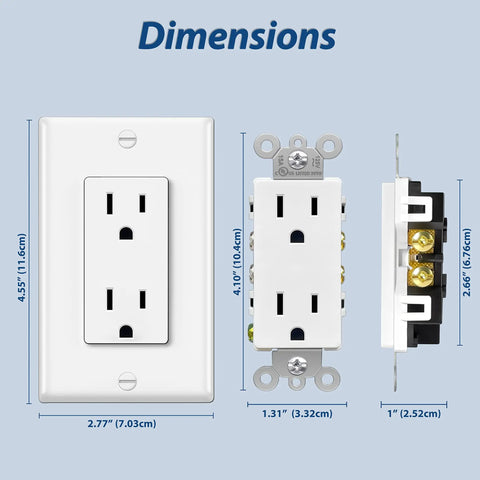 Heavy Duty 12 Pack Standard Decorator Electrical Wall Receptacle Outlet 15A 125V dimensions front and side view