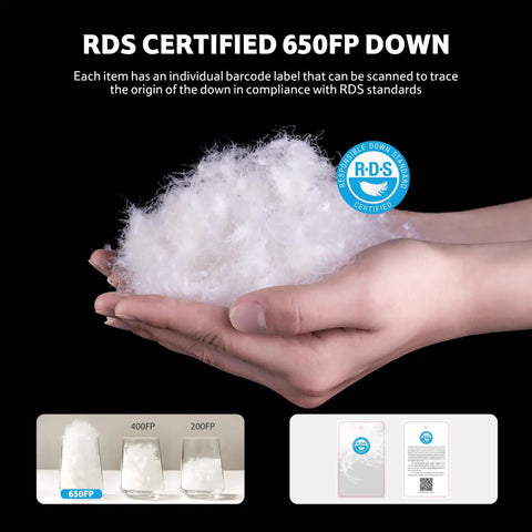Hands holding RDS certified 650FP down for Ultralight 650FP Down Sleeping Bag For Adults, Backpacking Ready, 40F Temperature Rating.
