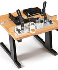 Benchtop Router Table With Heavy Duty Stand And Precision Adjustable Fence, Durable MDF Surface For Straight Shooting Woodrouting, integrated dust port on a sturdy design.