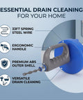 Heavy Duty 33 Foot Manual Drain Snake Featuring Flexible Spring Steel Wire That Busts Gnarly Clogs And Main Line Blockages While Gliding Smoothly Through Every Pipe Bend with ergonomic handle and ABS shell.