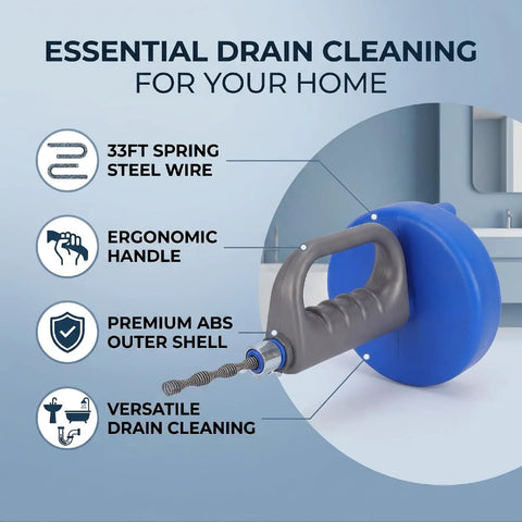 Heavy Duty 33 Foot Drain Auger Snake With Comfortable Handles Clears Bathroom Sink Tub Clog Fast Using Durable Spring Steel Wire for home plumbing.