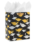 Medium Graduation Gift Bag With Tissue Paper Featuring Gold And Silver Mortarboards On Black For College High School Eighth Grade Kindergarten And Nurses Gift Ready.