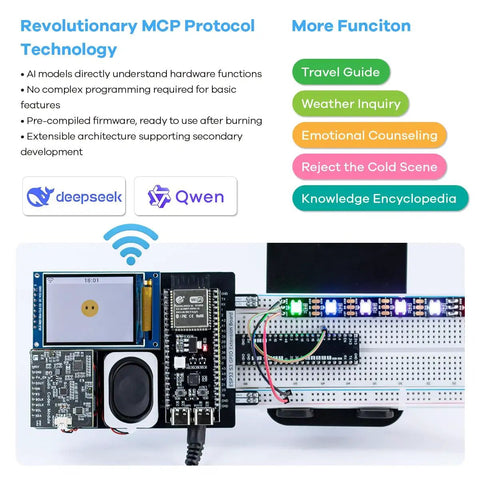 ESP32-S3 AI Voice Control Starter Kit with DHT11 Temperature Humidity Sensor assembled on breadboard showcasing components for smart home and IoT projects.