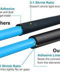 Front view of two heat shrink tubes: blue 1/2 in adhesive-lined dual-wall tubing with black outer sleeve, 10 ft length