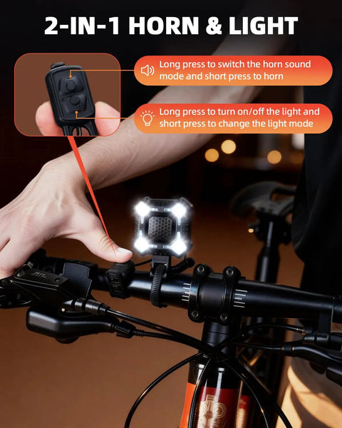 140dB Bike Horn With Front And Rear LED Light, 2-in-1 Bicycle Bell With Rechargeable Waterproof Headlight And Tail Light, 8 Plus 5 Modes For Daily Commute On Bike Scooter Ebike, Loud Alert That Gets You Seen And Heard