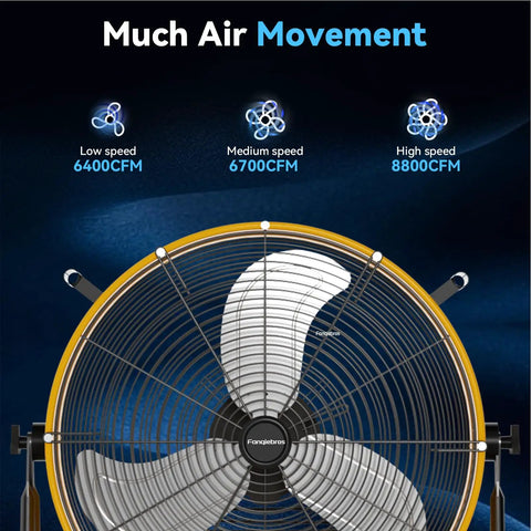 24 Inch High Velocity Industrial Drum Fan With 8800 CFM Heavy Duty Metal Air Circulator showing speed settings: 6400, 6700, 8800 CFM