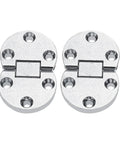 Two silver zinc-alloy oval flap hinges with four mounting holes each for self-supporting folding tables