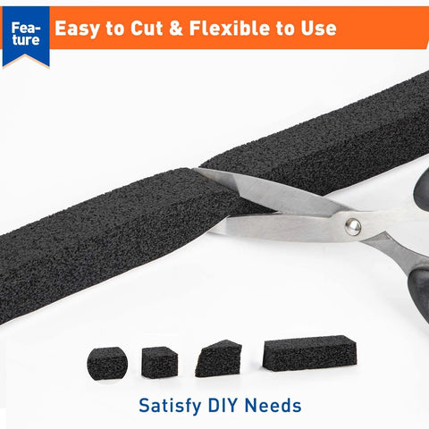Close-up of MAGZO weather stripping door seal foam, 1 in W x 1 in T, black foam being cut with scissors