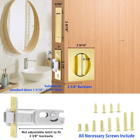 Pocket Door Passage Latch Set Satin Brass Square Handle Easy Install Privacy Lock Double Sided for 1 3 8 to 2 1 16 Inch Doors