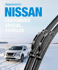 Premium All Weather Windshield Wiper Blades Compatible With Nissan Altima Rogue Sentra Versa Pathfinder Durable Natural Rubber Design Includes Microfiber Car Wash Towel, showcased with a Nissan SUV in snowy conditions.