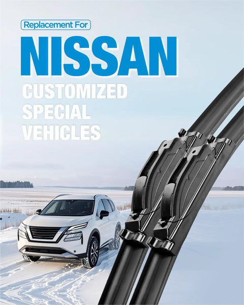 Premium All Weather Windshield Wiper Blades Compatible With Nissan Altima Rogue Sentra Versa Pathfinder Durable Natural Rubber Design Includes Microfiber Car Wash Towel, showcased with a Nissan SUV in snowy conditions.