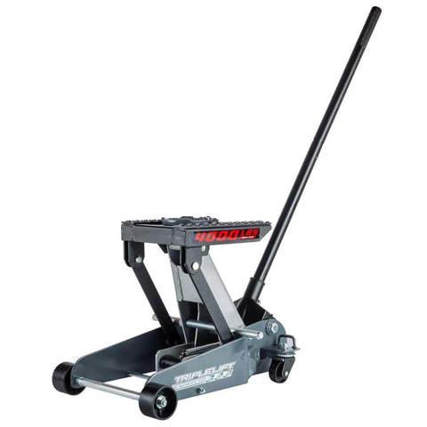 2 Ton Triple Lift Floor Jack For Cars Trucks Motorcycles ATVs And More with wide lift range and locking safety bar, side view.