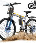 Foldable Electric Bike For Adults With 750W Peak Motor And 48V Battery 50 Miles in silver and orange, front and side view.