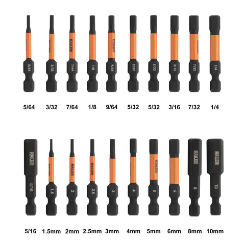 Allen Wrench Hex Bit Set for Impact Driver, 20Pc 2 Inch Premium S2 Steel, labeled sizes from 5/64in to 10mm, close-up view