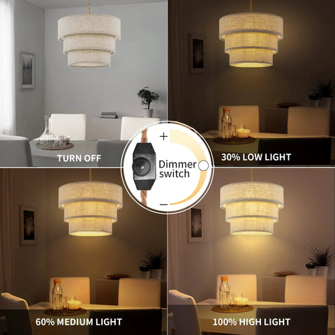 Four stages of illumination for Three Tier Drum Linen Plug In Pendant Light With Fifteen Foot Hemp Rope Cord E26 Dimmer Switch