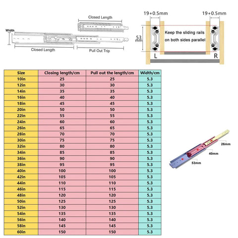 Heavy Duty Side Mount Drawer Slides Double Ball Steel Track Built Tough As Nails With Bidirectional Locking For Bedroom Drawers dimensions and specs chart.