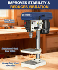 Kickass 8 Inch Benchtop Drill Press With Heavy Duty Cast Iron Head And 5 Variable Speed Settings Up To 3100 Rpm Plus Tilting Height Adjustable Work Table For Home Shop Projects showcasing solid cast iron head and reinforced table.