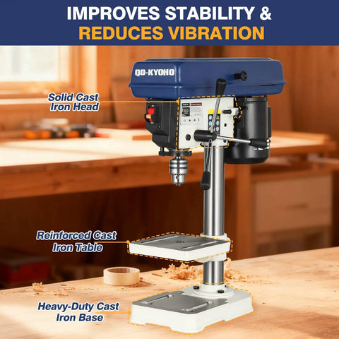 Kickass 8 Inch Benchtop Drill Press With Heavy Duty Cast Iron Head And 5 Variable Speed Settings Up To 3100 Rpm Plus Tilting Height Adjustable Work Table For Home Shop Projects showcasing solid cast iron head and reinforced table.