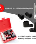 Master Crafted Five Piece O2 Oxygen Sensor Socket Kit With Offset 6 Point Low Profile Head And Sharp Thread Chaser For No Sweat Exhaust Removal In Grease Monkey Friendly Tight Spots Using Any Standard Ratchet in red storage box.