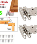 Three Eighths Inch Inset Cabinet Hinges Self Closing Flush Face Mount With Door Bumper shown with screws and installation diagram.