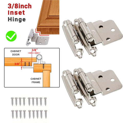 Three Eighths Inch Inset Cabinet Hinges Self Closing Flush Face Mount With Door Bumper shown with screws and installation diagram.