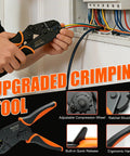 Person using Ratcheting Crimping Tool For Heat Shrink Connectors AWG 26 To 10 on electrical panel, ergonomic handle visible.