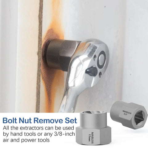 Close-up of 36 Piece Screw And Bolt Extractor Kit With Center Punch, Multi-Spline And Spiral Extractors in use on bolt.