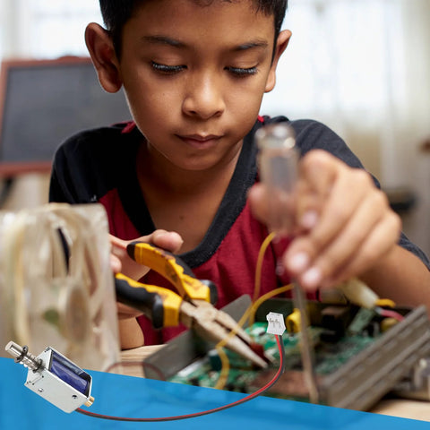 TEHAUX 12V mini push-pull solenoid electromagnet; silver housing with blue coil (inset bottom-left)
